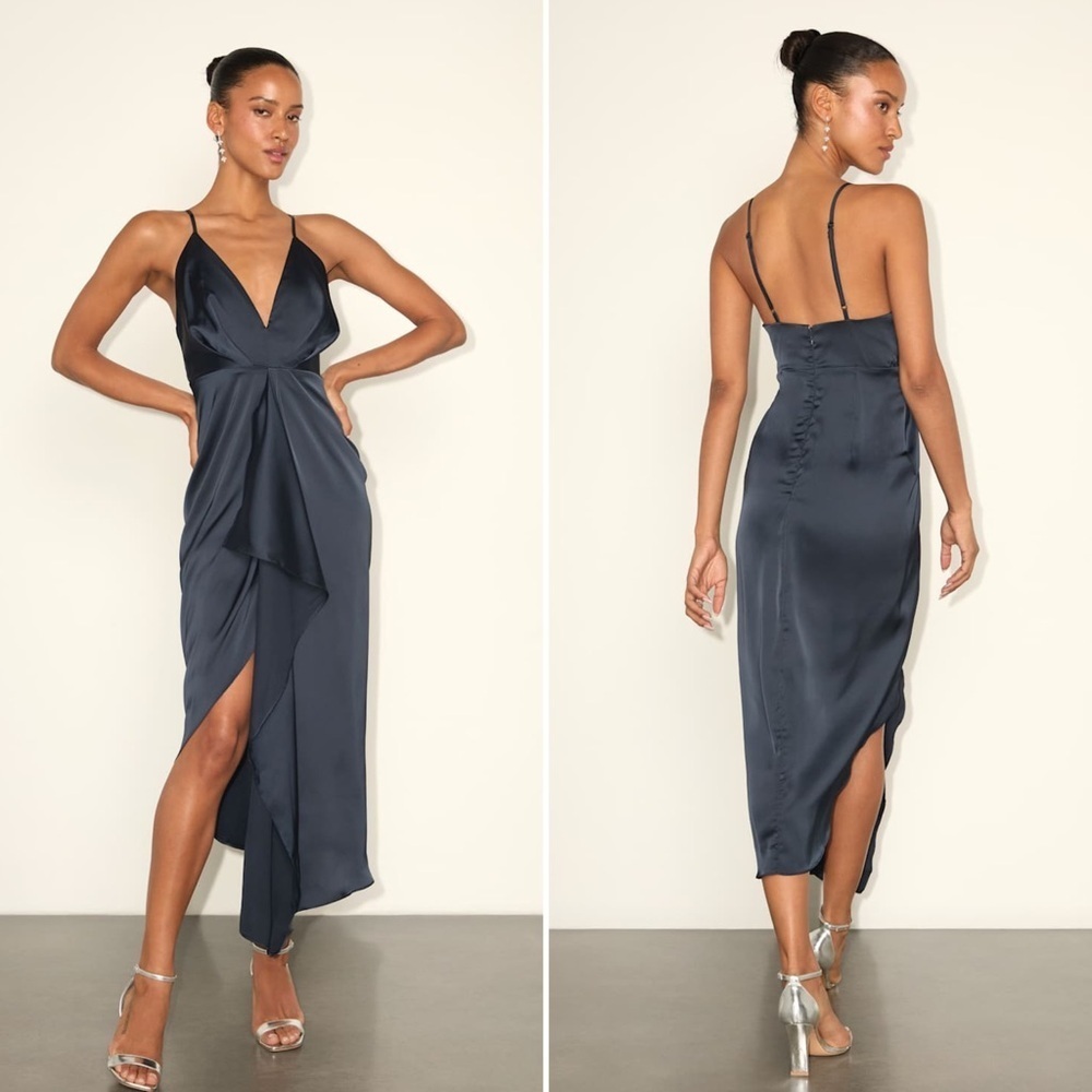 Lulus Caught Feelings Navy Blue Satin Ruffled Midi Dress Women’s Size Medium